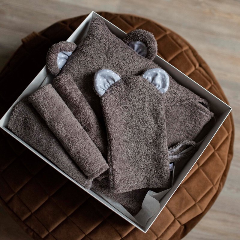 SET: Hooded Towel, Mitten and mini towels dark grey set for a Baby or Toddler - 毛巾/浴巾 - 棉．麻 灰色