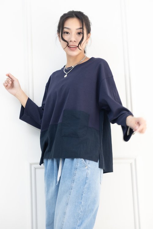 Meya 編縫編織 下擺異材質袖口抽繩上衣 深藍色