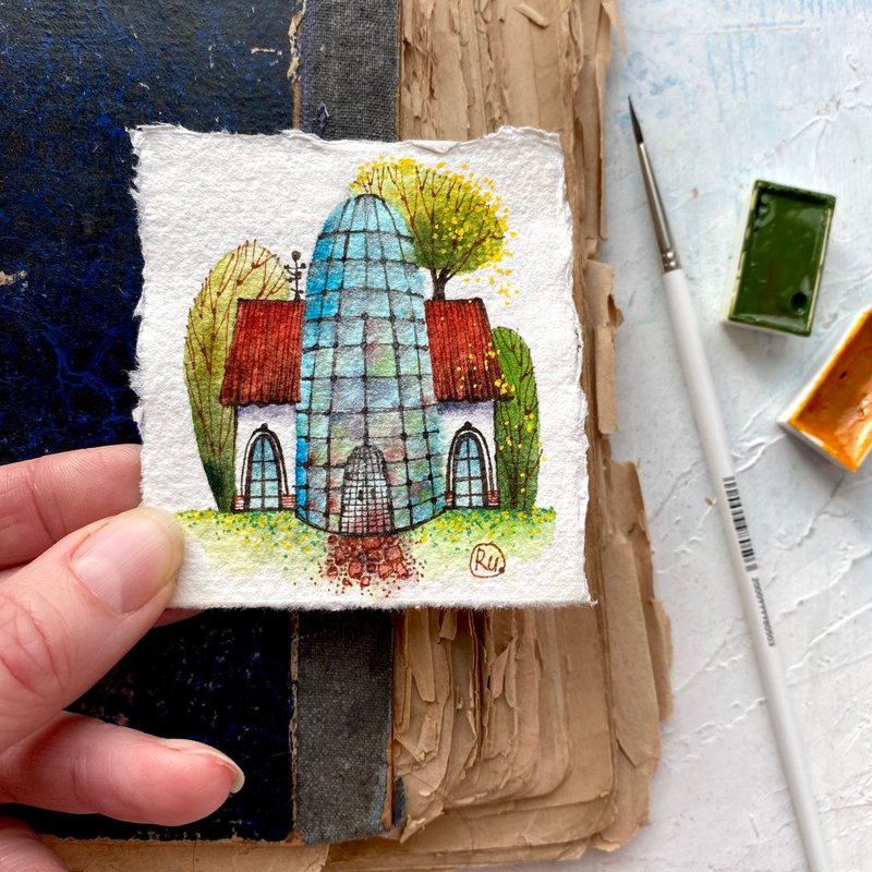 Greenhouse painting Tiny Original artwork Mini art Small gift by Rubinova - 海報/掛畫/掛布 - 紙 多色