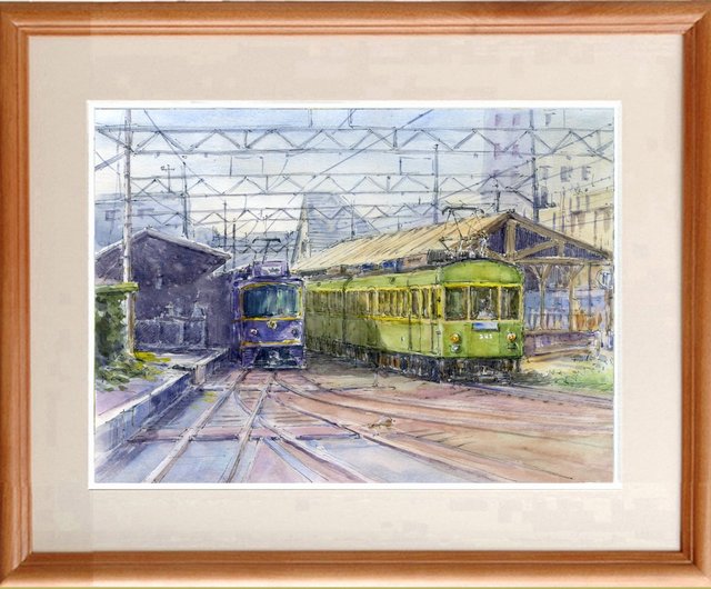 水彩画 原画 額装なし さくらと鉄道 - 絵画