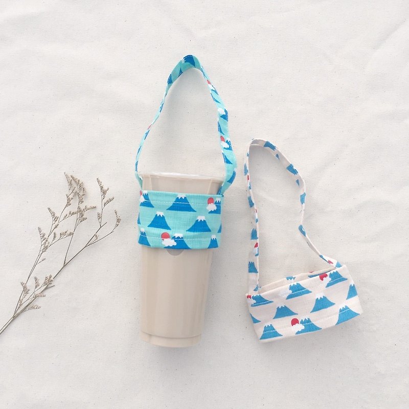 Hand-made beverage cup and bag / Mount Fuji - Beverage Holders & Bags - Cotton & Hemp White