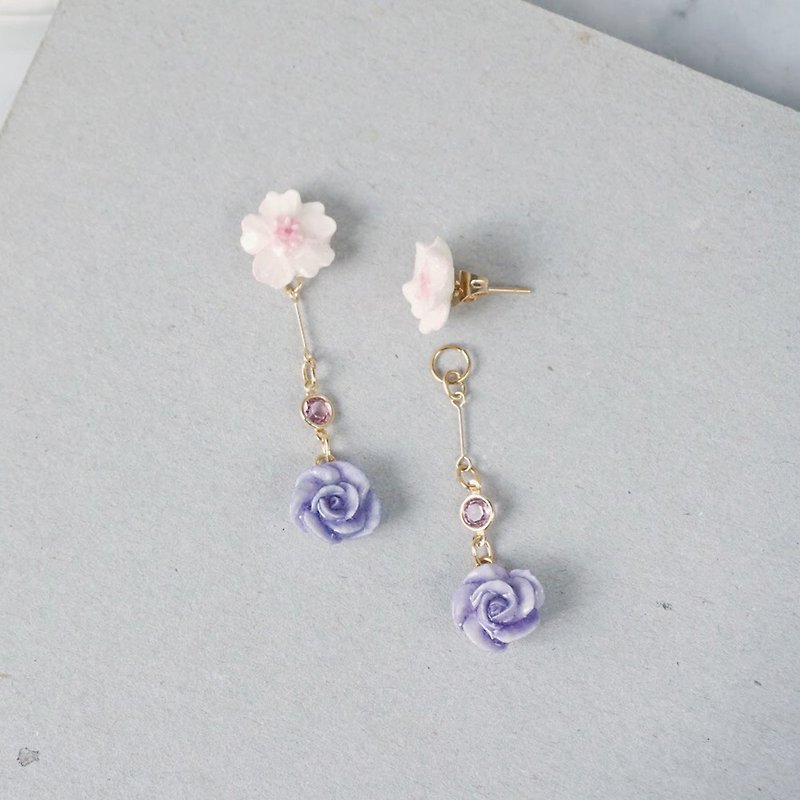 =Flower Piping= Two Way Drop Earrings/ Clip on  Customizable - Earrings & Clip-ons - Clay Pink
