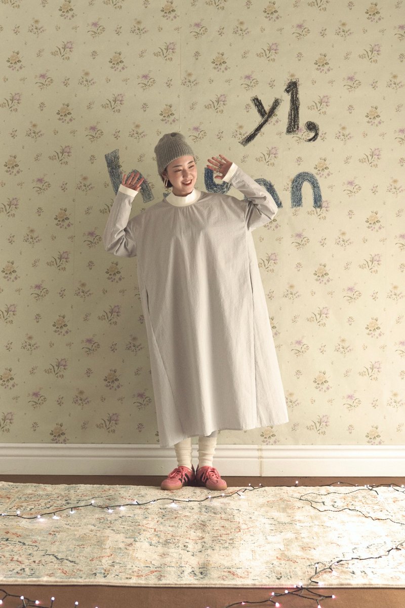 淺藍細條小高領傘狀內搭洋裝 - 洋裝/連身裙 - 棉．麻 藍色