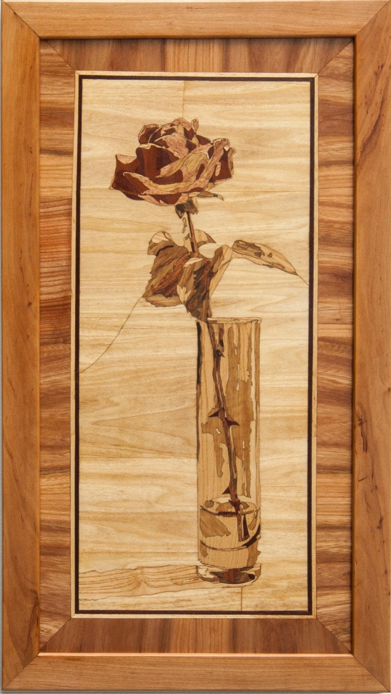Rose in Glass still life framed boho style picture wood veneer inlay marquetry - 壁貼/牆壁裝飾 - 木頭 橘色