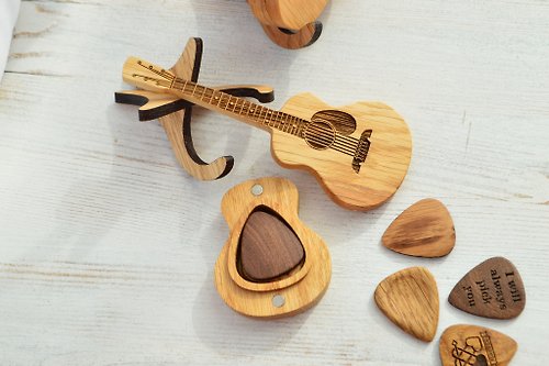 EngravedWoodBox Guitar picks with holder, personalized guitar shape box with walnut guitar pick