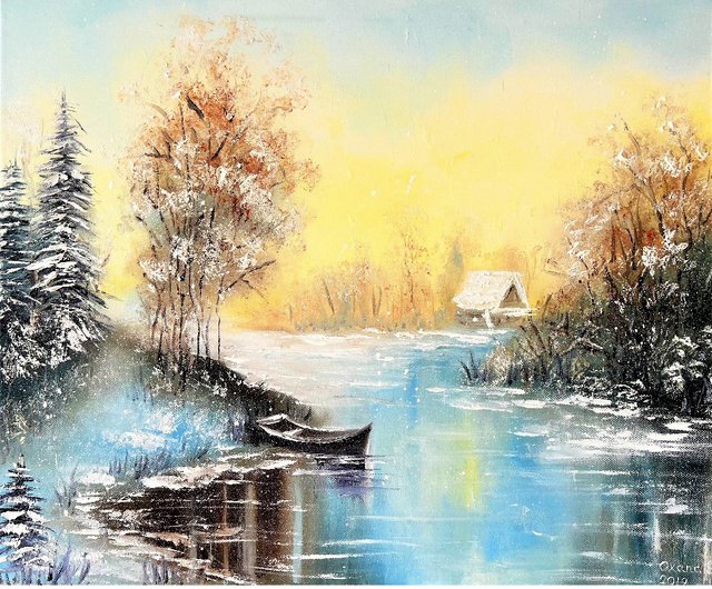 雪景色の絵画冬オリジナルアートワーク 46x55 cm/18x22 インチ