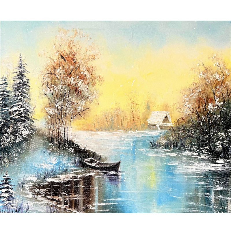 Snow Scene Painting Winter Original Artwork 46x55 cm/ 18x22 inch - 海報/掛畫/掛布 - 棉．麻 多色