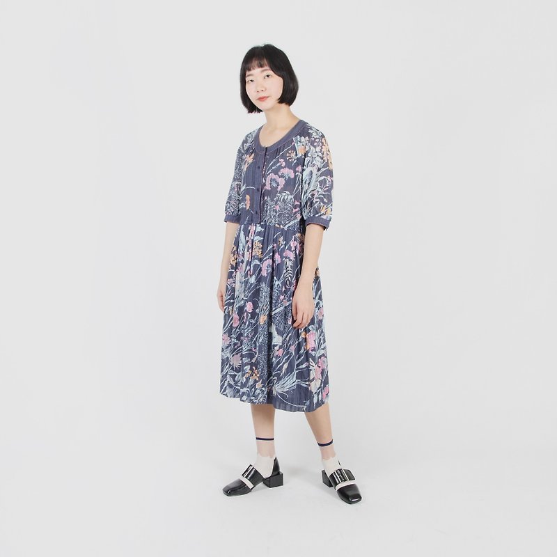 [Egg plant ancient] 绮幻花旋印花 cotton vintage dress - One Piece Dresses - Polyester Blue