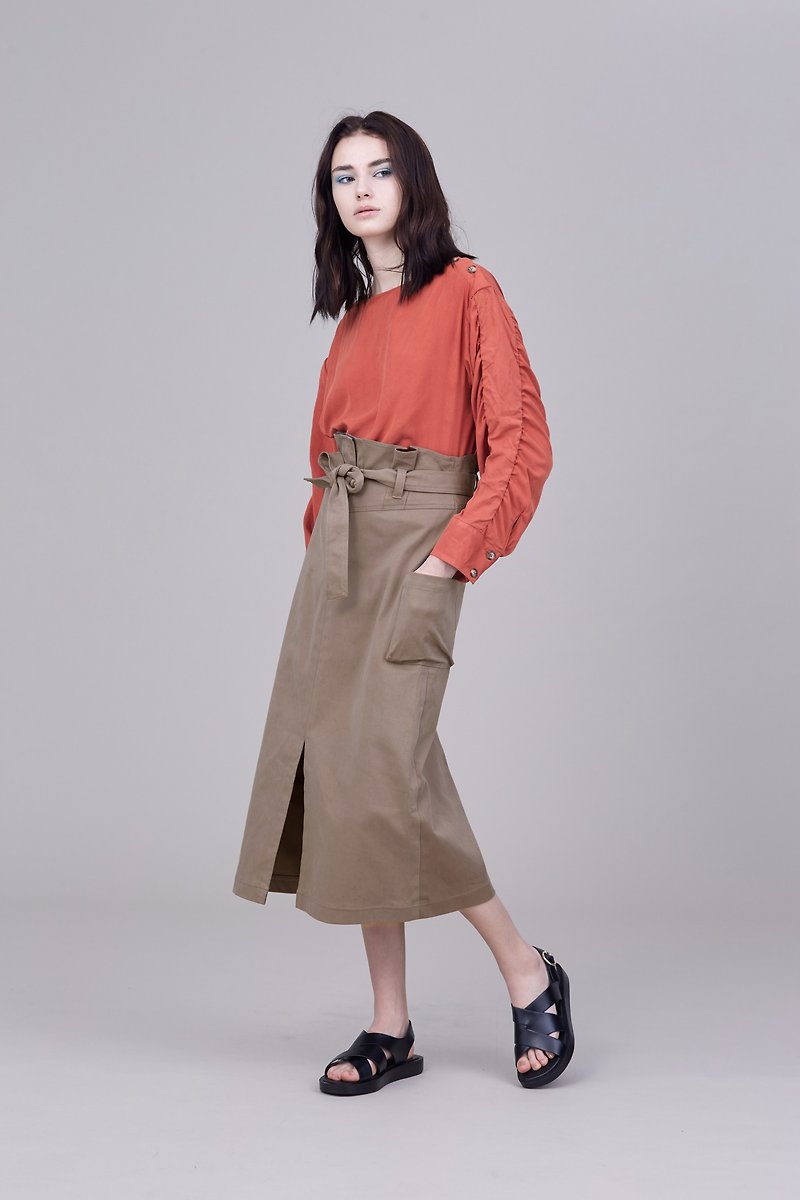 Shan Yong Earth Tone Cotton High Waist Straight Front Slit Long Skirt - Skirts - Cotton & Hemp 