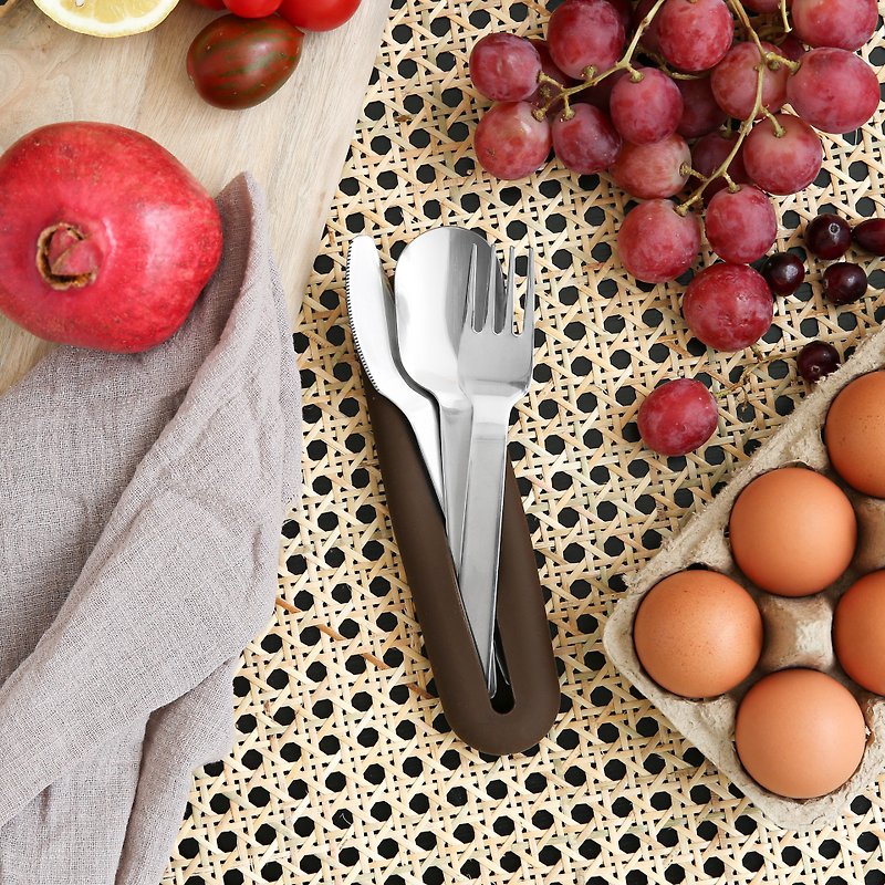 American HYDY Stainless Steel cutlery set (spoon+fork+knife) | free storage cover-Mocha - กระติกน้ำ - โลหะ สีนำ้ตาล