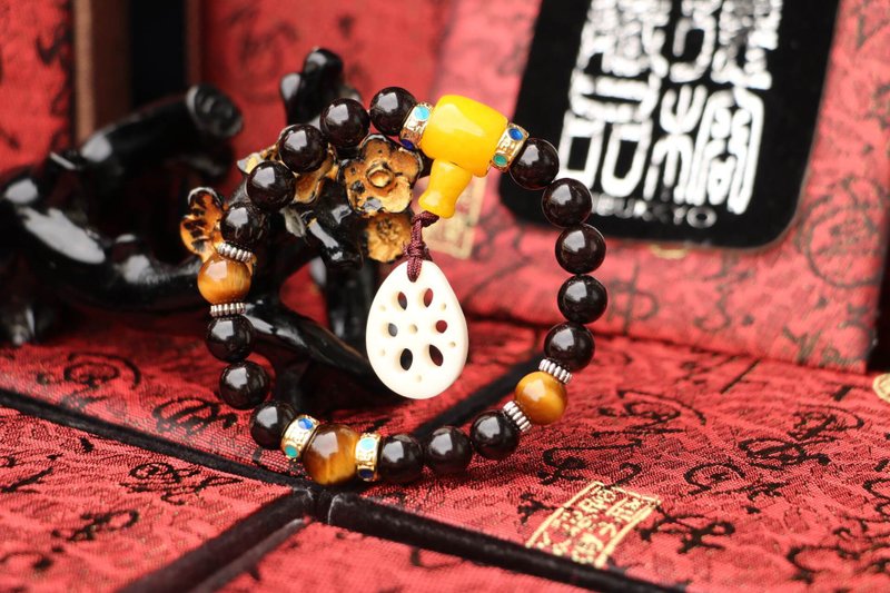 精品椰蒂菩提子手珠 8mm 黃玉髓佛頭 蓮藕片 佛珠 念珠 客製化 - 手鍊/手環 - 植物．花 