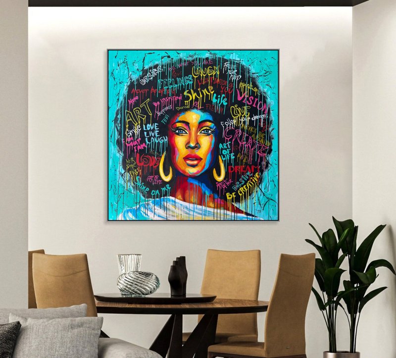 Large Painting Colorful Afrocentric Pop Art Portrait Female Face - ตกแต่งผนัง - อะคริลิค หลากหลายสี