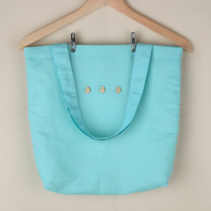 Mint with Christmas Tree Linen Tote Bag - 側背包/斜背包 - 棉．麻 藍色