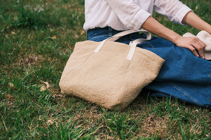Primary color Linen| Shoulder basket bag is naturally easy to match - Handbags & Totes - Cotton & Hemp Khaki