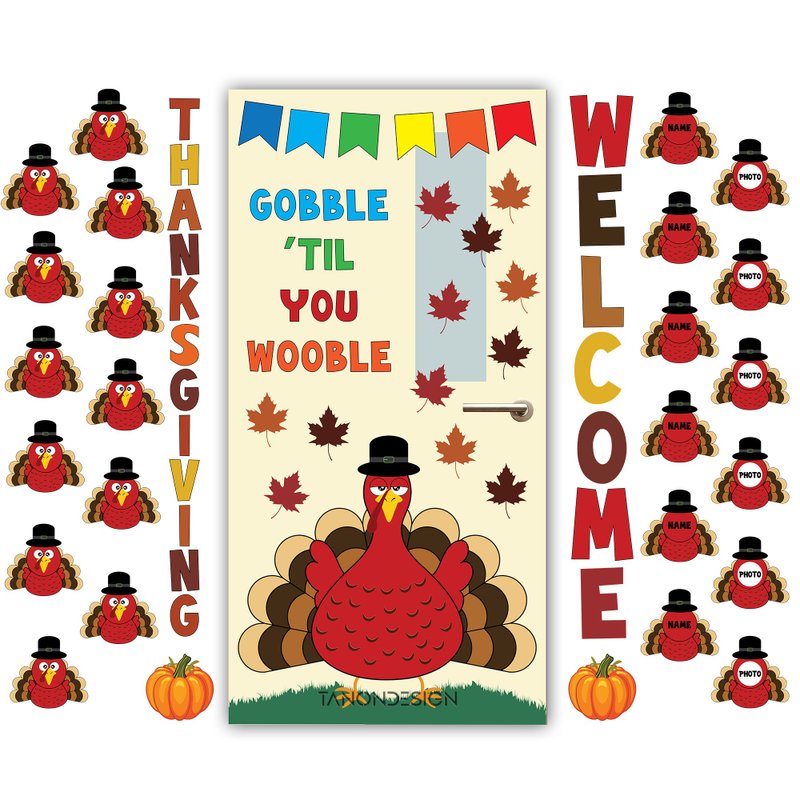 Thanksgiving Classroom Door Decor, Decor Kit, Turkey Bulletin Board - 圖文模板設計 - 其他材質 