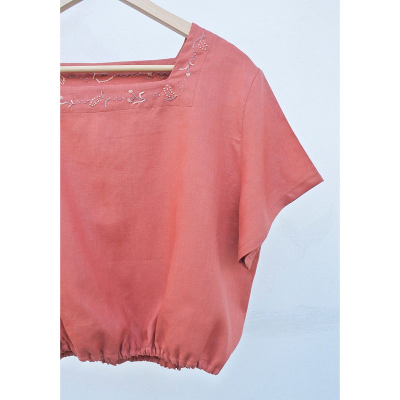 Embroidery | Linen | Terracotta Square Neck Short Sleeve Top - Women's Tops - Cotton & Hemp Red