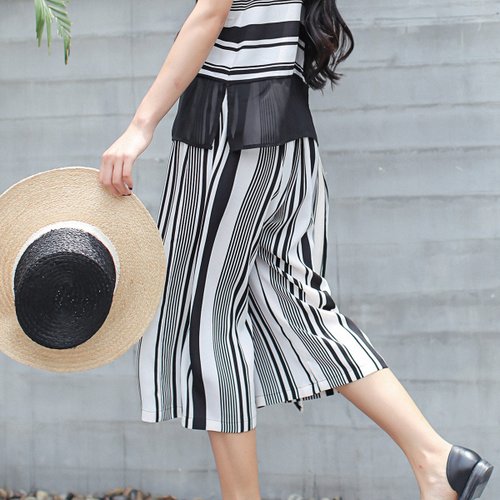 Annie Chen original design early summer 2016 new summer women&amp;#39;s thin section casual literary vertical stripes seventh wide leg pants