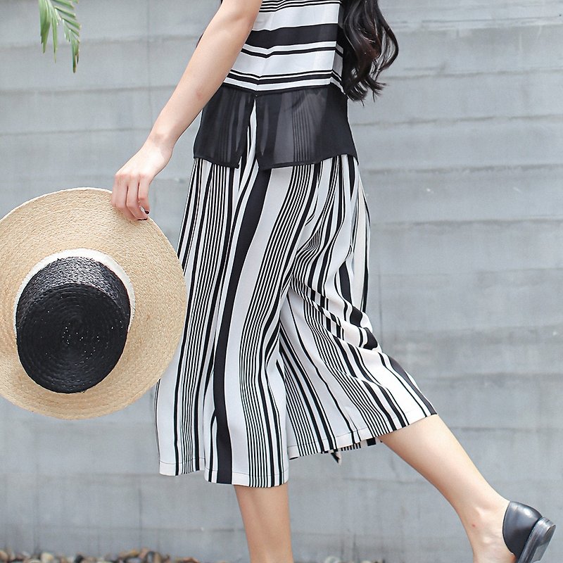 Annie Chen original design early summer 2016 new summer women's thin section casual literary vertical stripes seventh wide leg pants - กางเกงขายาว - ผ้าฝ้าย/ผ้าลินิน สีดำ