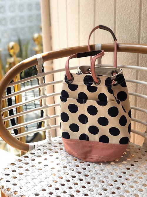 underlinebagsandmore Mini Pink Polka Dot Canvas Bucket Bag with strap /Leather Handles /Daily use