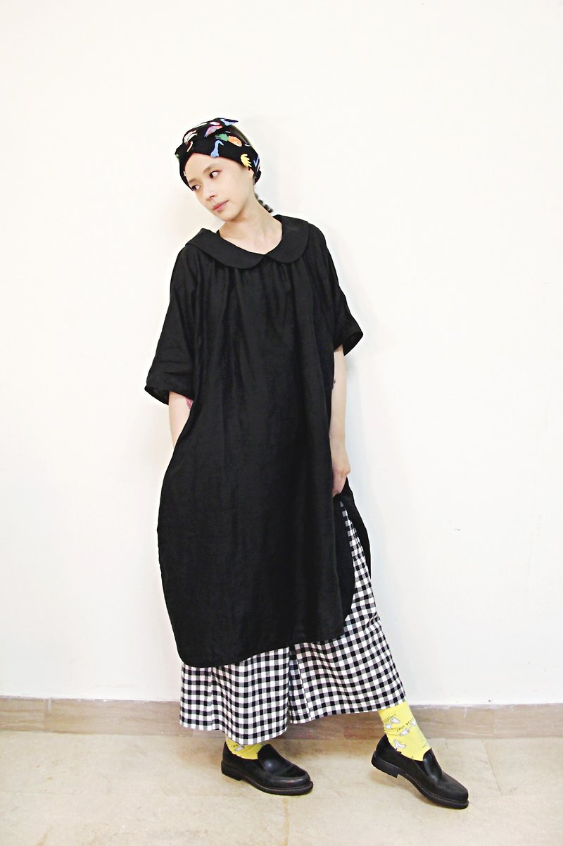 A-line closure strap cotton Linen sheet after Tee Dress gown (black) - เสื้อผู้หญิง - ผ้าฝ้าย/ผ้าลินิน สีดำ