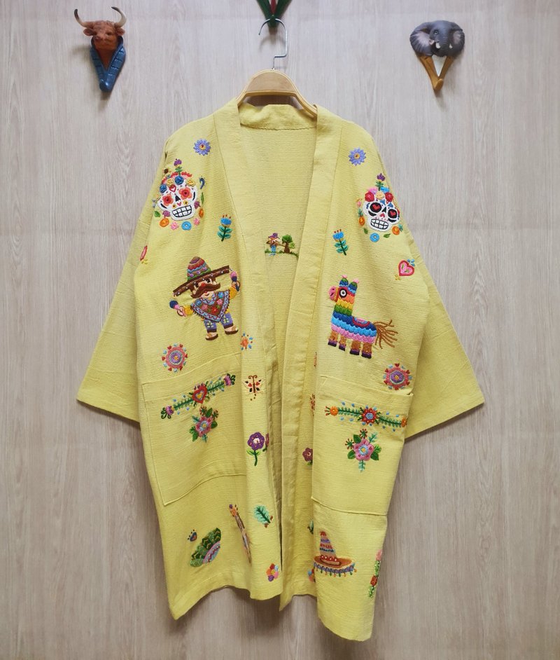 手工刺繡開衫/長袍、棉質、墨西哥藝術、墨西哥、骷髏、花朵、心 - 背心/無袖上衣 - 繡線 黃色