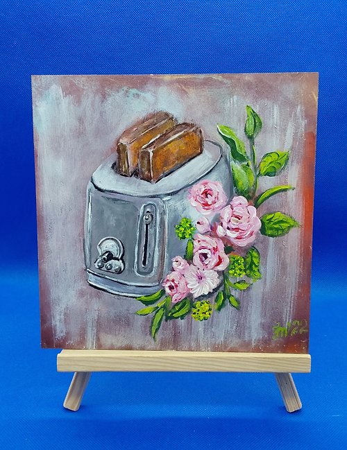 CosinessArt Still life with Toaster and roses. Painting for the kitchen. Original artwork
