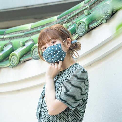 Temariya 日本製布口罩專門店 煙燻點點系 藍灰色 手工立體口罩 可洗滌 日本製純棉紗布 成人