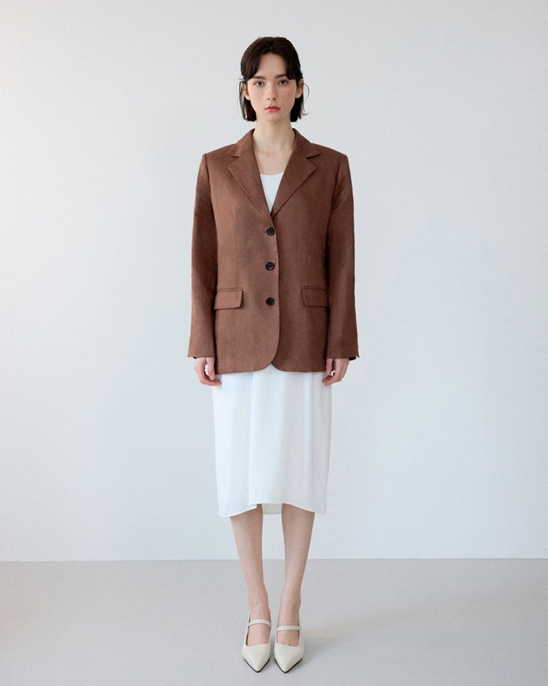 Korea sisterhood, Basic Linen Jacket Long - Brown - 女大衣/外套 - 棉．麻 咖啡色