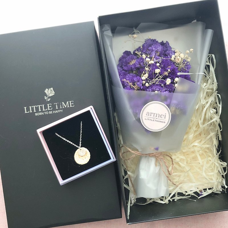 Sincerity Gift [Flower Gift Box Set] Happy Annual Ring Necklace Silver + Forget-me-not Dry Bouquet - สร้อยคอ - งานปัก หลากหลายสี