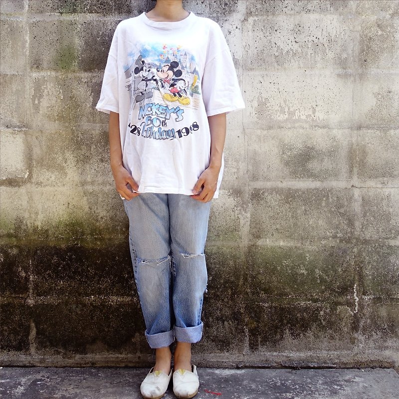 BajuTua/古著/ 80's 迪士尼 米奇60歲生日紀念卡通T-shirt - T 恤 - 棉．麻 白色