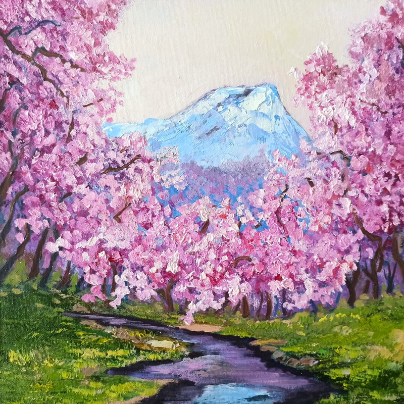 Sakura Oil Painting on Canvas board 30x30cm Fuji Mountain Landscape Artwork - 海報/掛畫/掛布 - 其他材質 