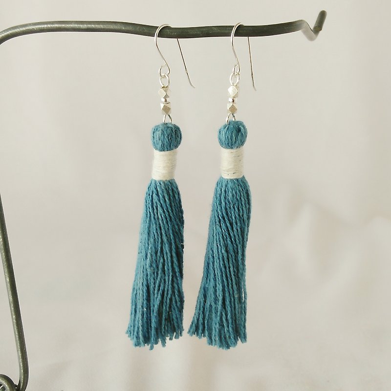 Karen silver & tassel earrings / light blue / grass dyed thread - Earrings & Clip-ons - Silver Blue