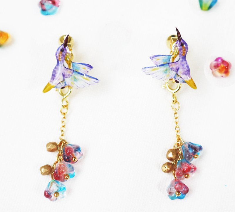 Purple Hummingbird Earrings Clip-On - Earrings & Clip-ons - Resin 