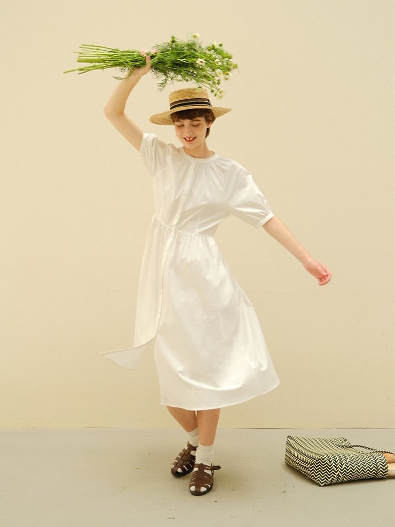ECRU SOLI素白已然夏日度假感小立領古典感純白大擺連衣裙 - 洋裝/連身裙 - 其他材質 白色