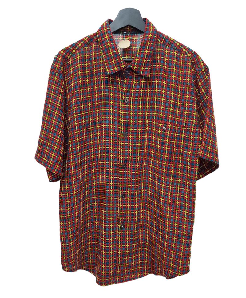 Politely wear Japanese vintage chiffon 80s color plaid short lining size M - เสื้อเชิ้ตผู้ชาย - ผ้าฝ้าย/ผ้าลินิน หลากหลายสี