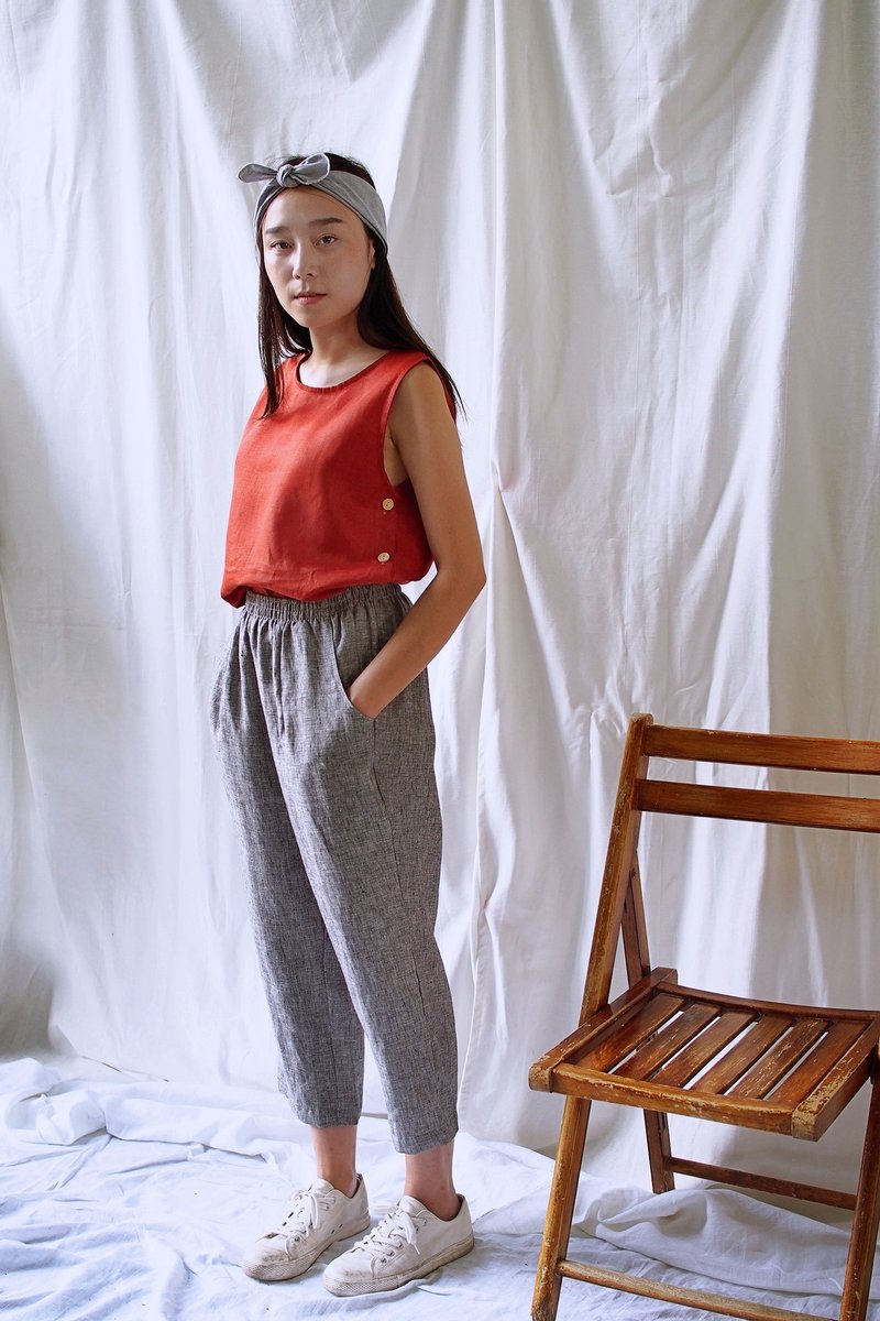 Linen Casual Pants - Gray - 女長褲 - 棉．麻 灰色