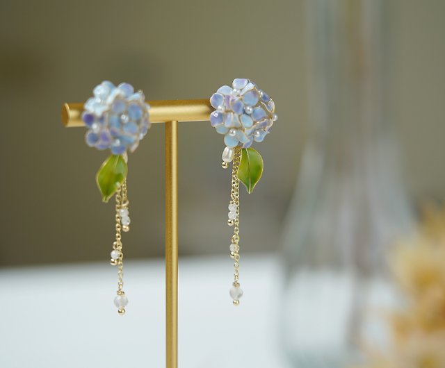 LUPIN Long Beaded Earrings Purple Flowers Danglers Handmade Jewelry