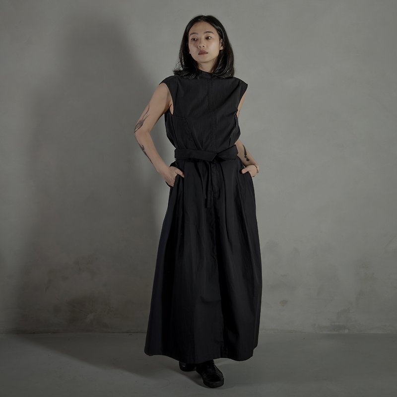 Karma / Pleated Tied-waist Maxi Skirt Black - Skirts - Cotton & Hemp Black