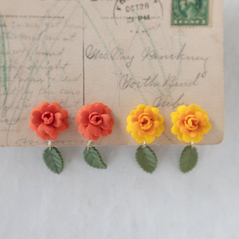 Marigold Earrings with Dangling Leaves - Earrings & Clip-ons - Plastic Orange