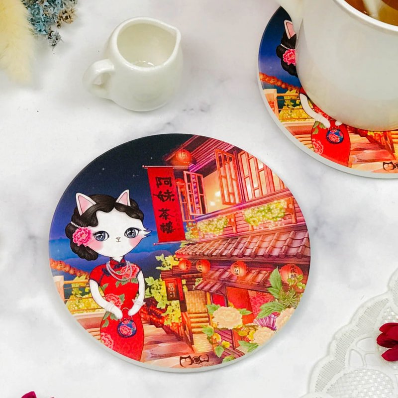 陶瓷 | 吸水杯墊 | 冷熱皆可 - 九份旗袍貓 - 杯墊 - 瓷 紅色