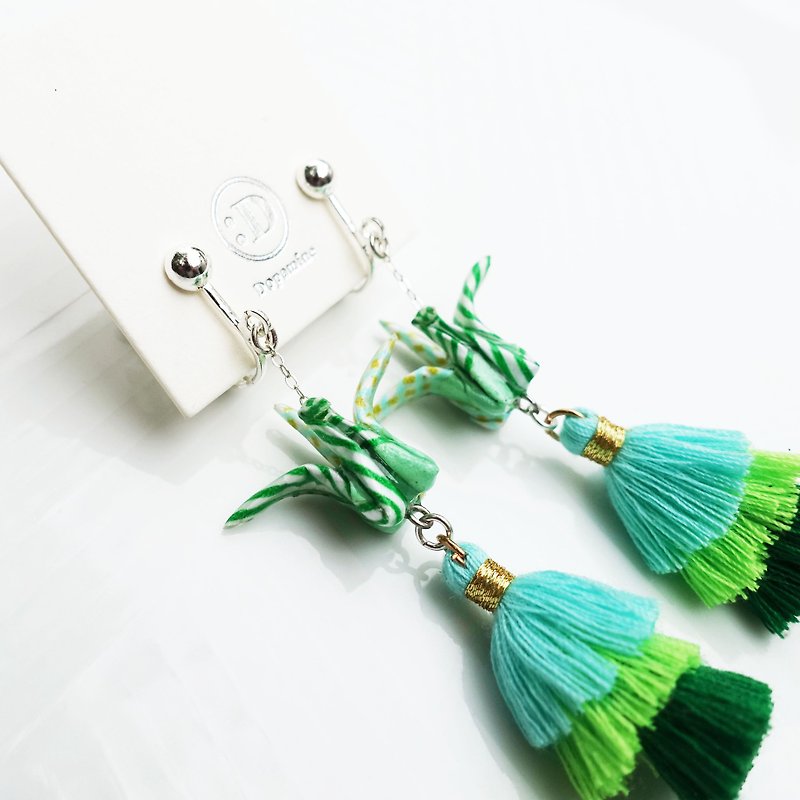 Origami Crane Tassel Earrings - Earrings & Clip-ons - Paper Green