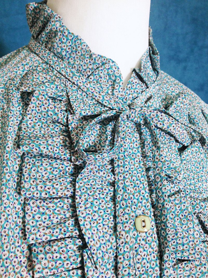 Ping-pong vintage [vintage shirt / tie flowers flounced textured vintage sleeveless shirt] abroad back VINTAGE - เสื้อเชิ้ตผู้หญิง - เส้นใยสังเคราะห์ สีน้ำเงิน