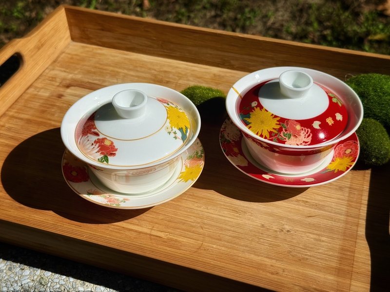 囍福滿堂蓋碗三件套 一對 - 茶具/茶杯 - 瓷 白色