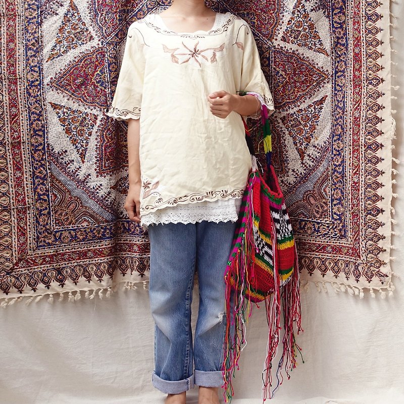 BajuTua / vintage / self-made cotton and linen embroidered shirt - Women's Tops - Cotton & Hemp Khaki