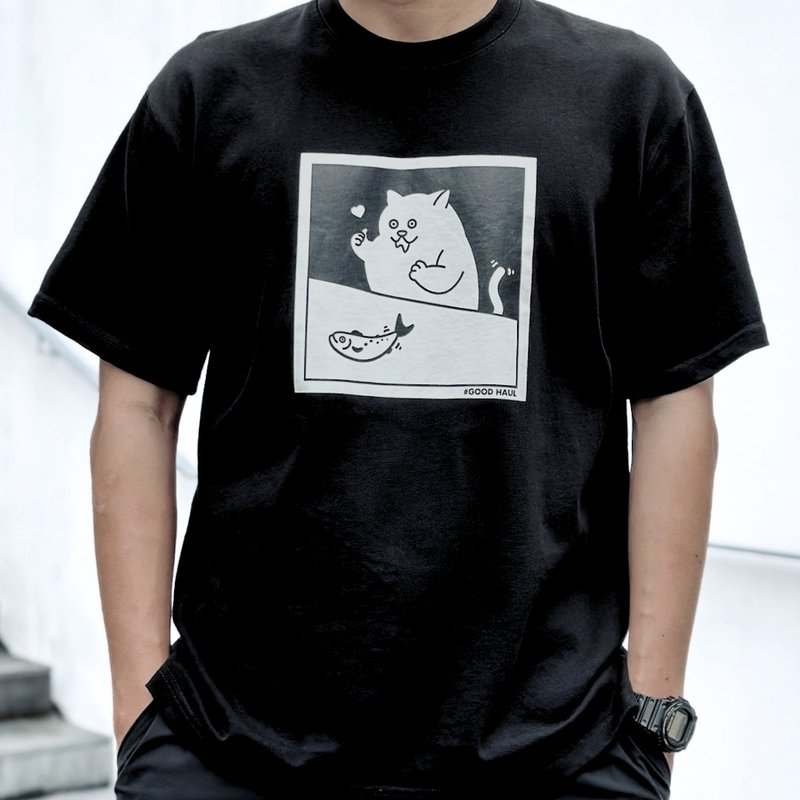 Dining Cat 口水貓 中性短袖T恤 8色男女同款 釣魚俱樂部 - 帽T/大學T - 棉．麻 黑色