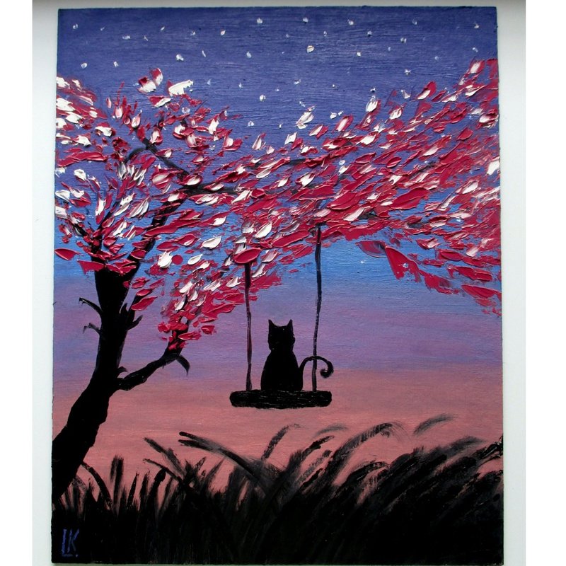 Original Painting Cat On The Swing Art Night Sky Landscape Art Cat Lover Art - โปสเตอร์ - วัสดุอื่นๆ หลากหลายสี