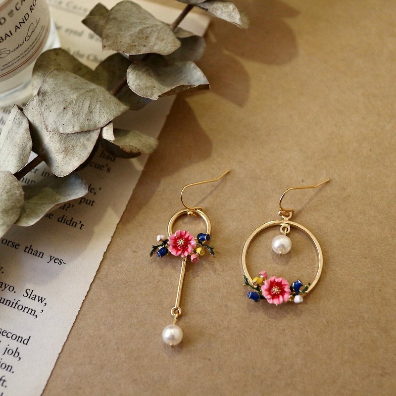 18k gold enamel flower bird bird asymmetrical ring earrings drop earrings - Earrings & Clip-ons - Enamel Pink