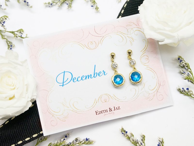 Edith & Jaz • Birthstone with CZ Collection - Capri Blue Quartz Earrings (Dec) - Earrings & Clip-ons - Gemstone Multicolor