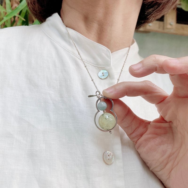 Sterling silver handmade gourd pendant necklace ~ Blessing/Small round blue Stone and large round Stone, happiness - สร้อยคอ - เงินแท้ 