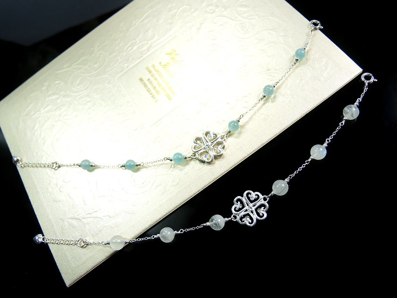 "Light your heart up" heart flower 925 Silver aquamarine texture design bracelet - Bracelets - Gemstone White
